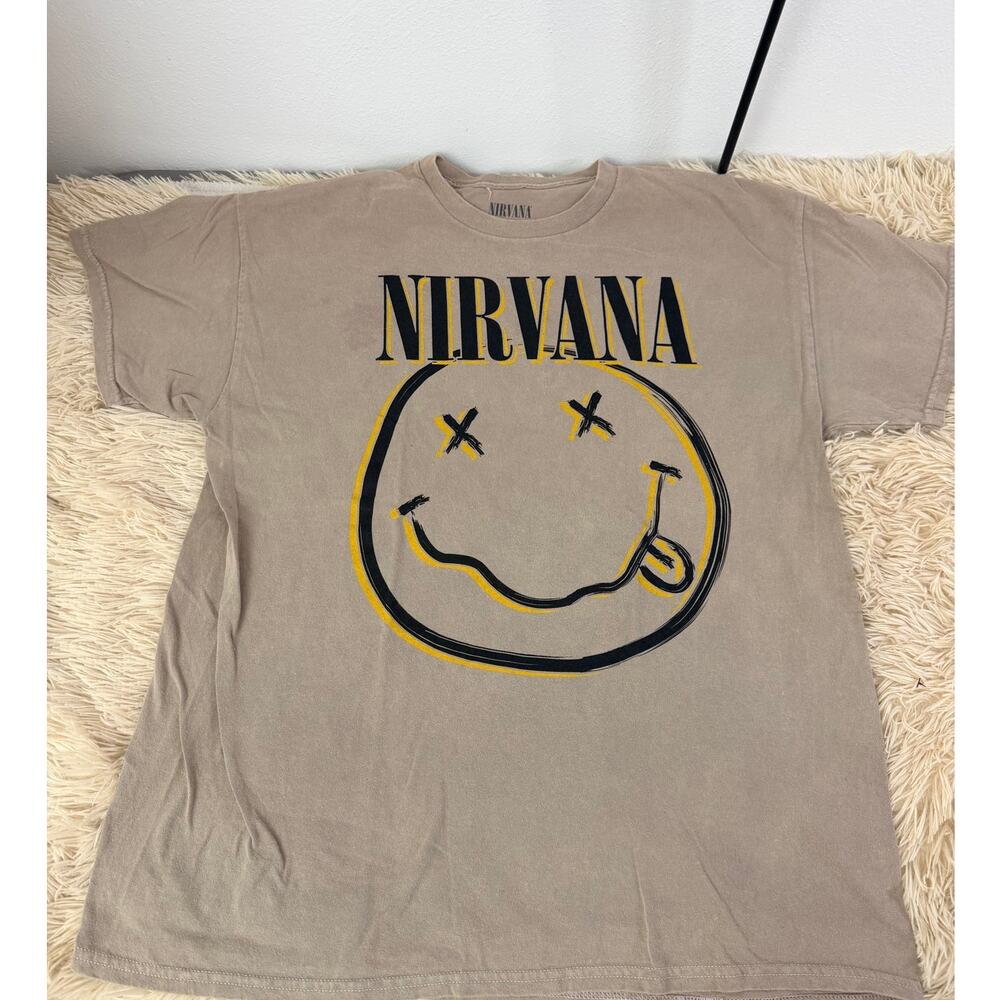Nirvana Smiley Face Graphic Tee XL Beige Distressed Cotton Blend Band Shirt